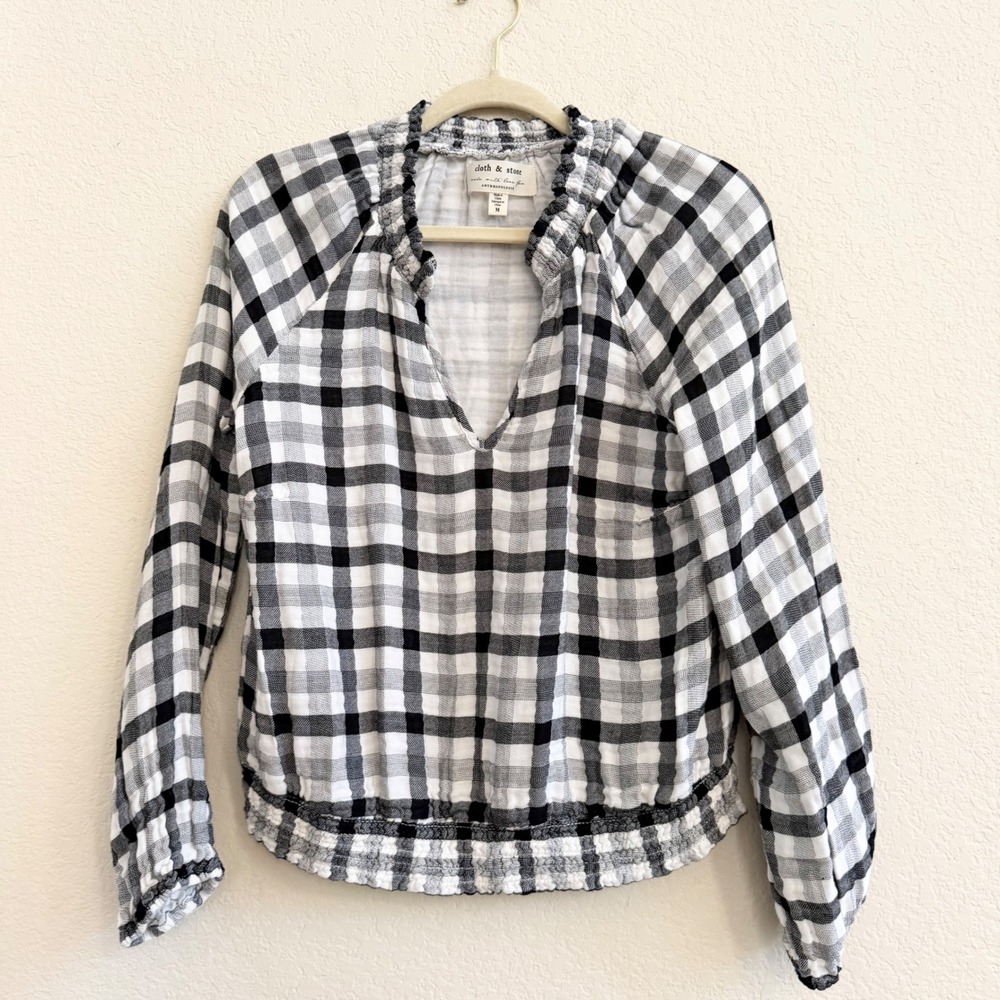 Cloth & Stone Anthropologie Black White Plaid Gingham Smocked Blouse Top M